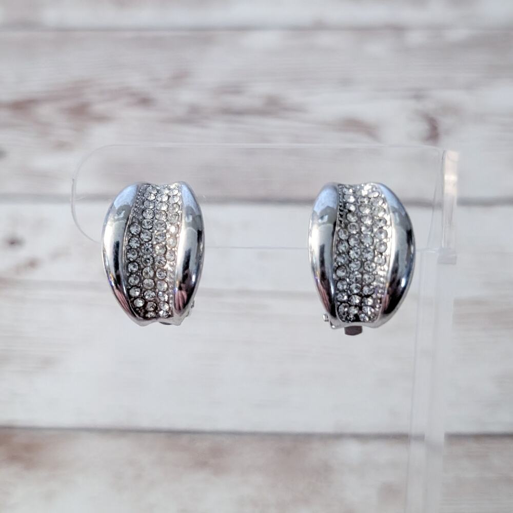 Vintage Clip On Earrings Silver Tone Curved with Clear Gems Statement